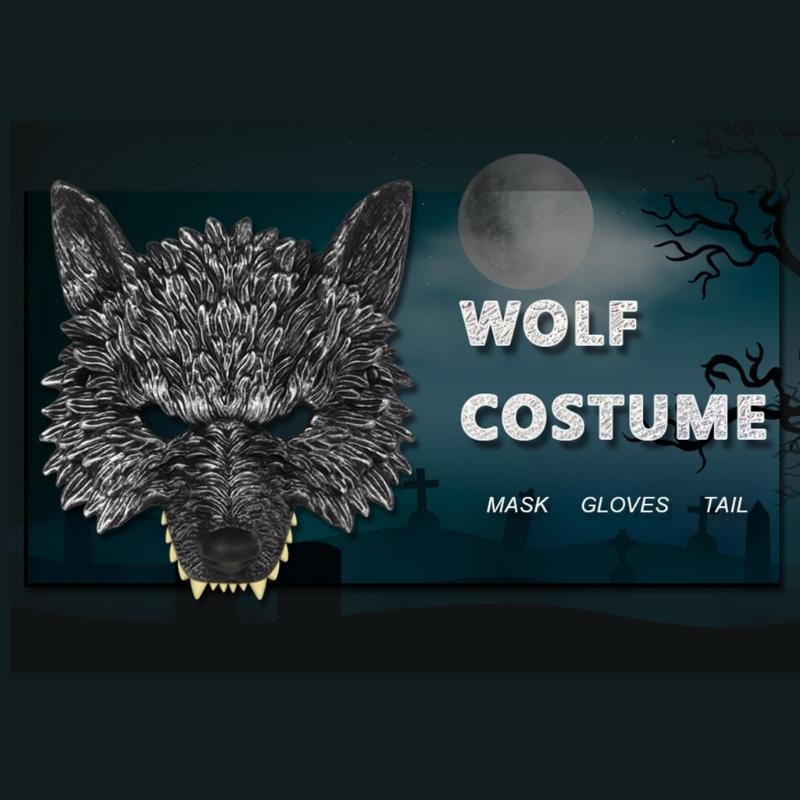2/3Pcs Wolf Costume Set Wolf Tail Wolf Mask Gloves Set Halloween Christmas Fancy Party Costume Toys Animal Cosplay Props