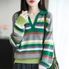 Women's Retro Striped Cashmere Wool Polo Sweater - Soft Long Sleeve Knitwear