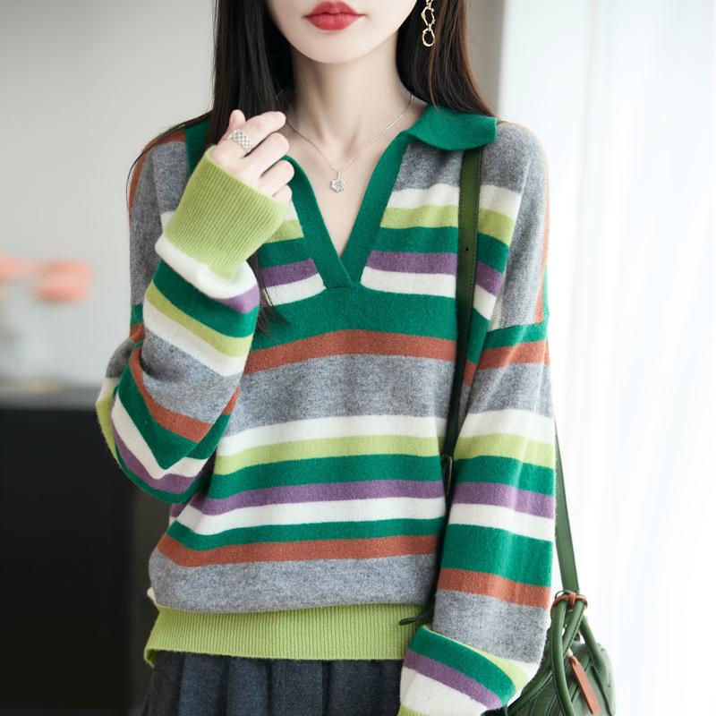 Women's Retro Striped Cashmere Wool Polo Sweater - Soft Long Sleeve Knitwear