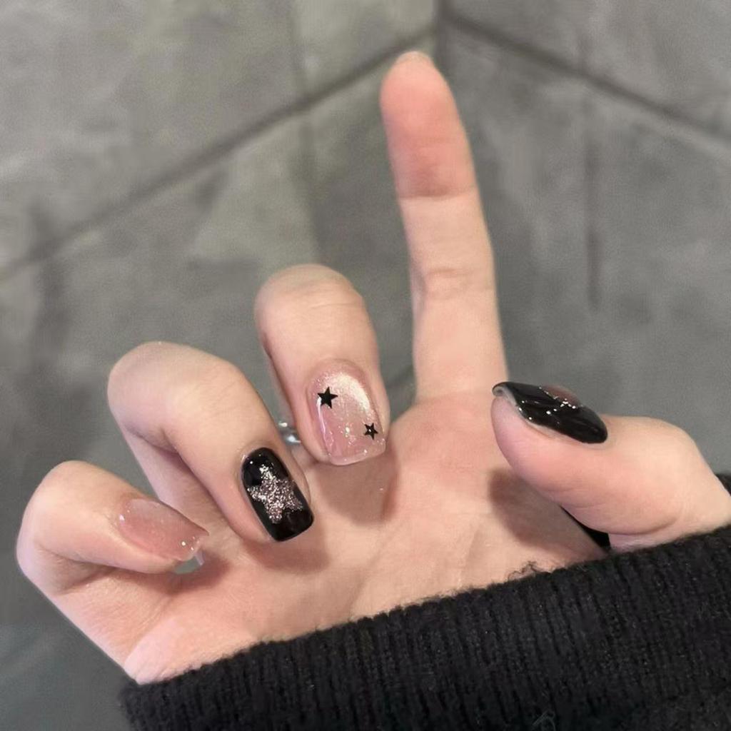 Black Fan Girl Cat Eye Short Nails - Handmade Solid Color Fake Nails for Brides and Students