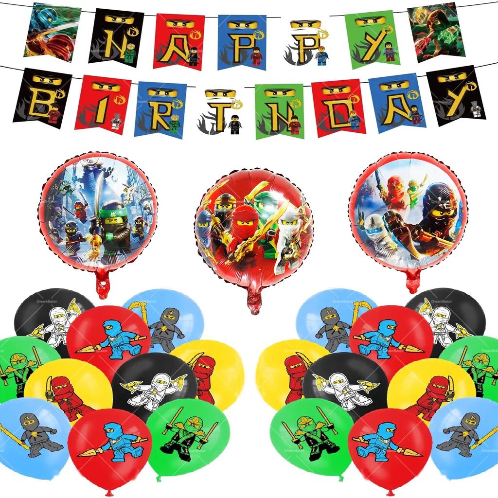 Ninjaed Go Balloons Happy Birthday Banner Legoed Party Decoration Supplies Backdrop Cake Topper Kids Spiral Disposable Tableware
