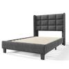 Modern design upholstered bed with padded headboard, single bed with slatted frame, 90x200cm, in grey linen, medium-firm (without mattress)