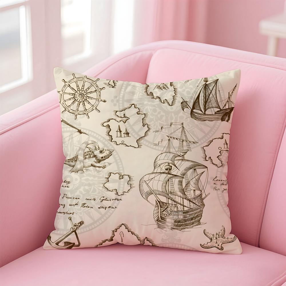 Ocean Blue Compass with Anchor Cushion Cover Pillow Case Soft Skin Friendly Fabric  Concealed Zipper
