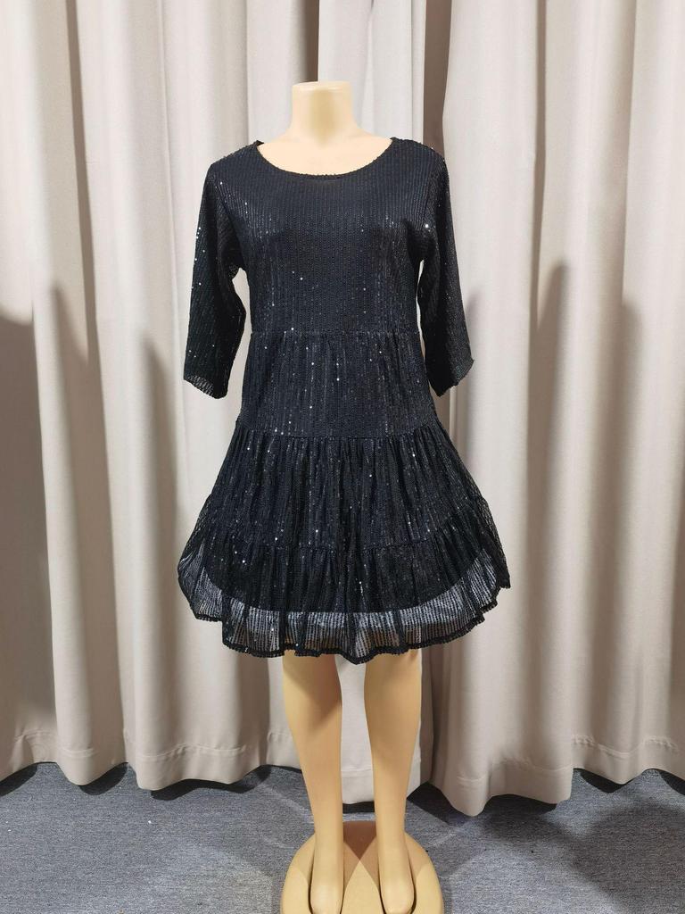 Sequined Round Neck Loose Waist Short Sleeve Dress for Banquets