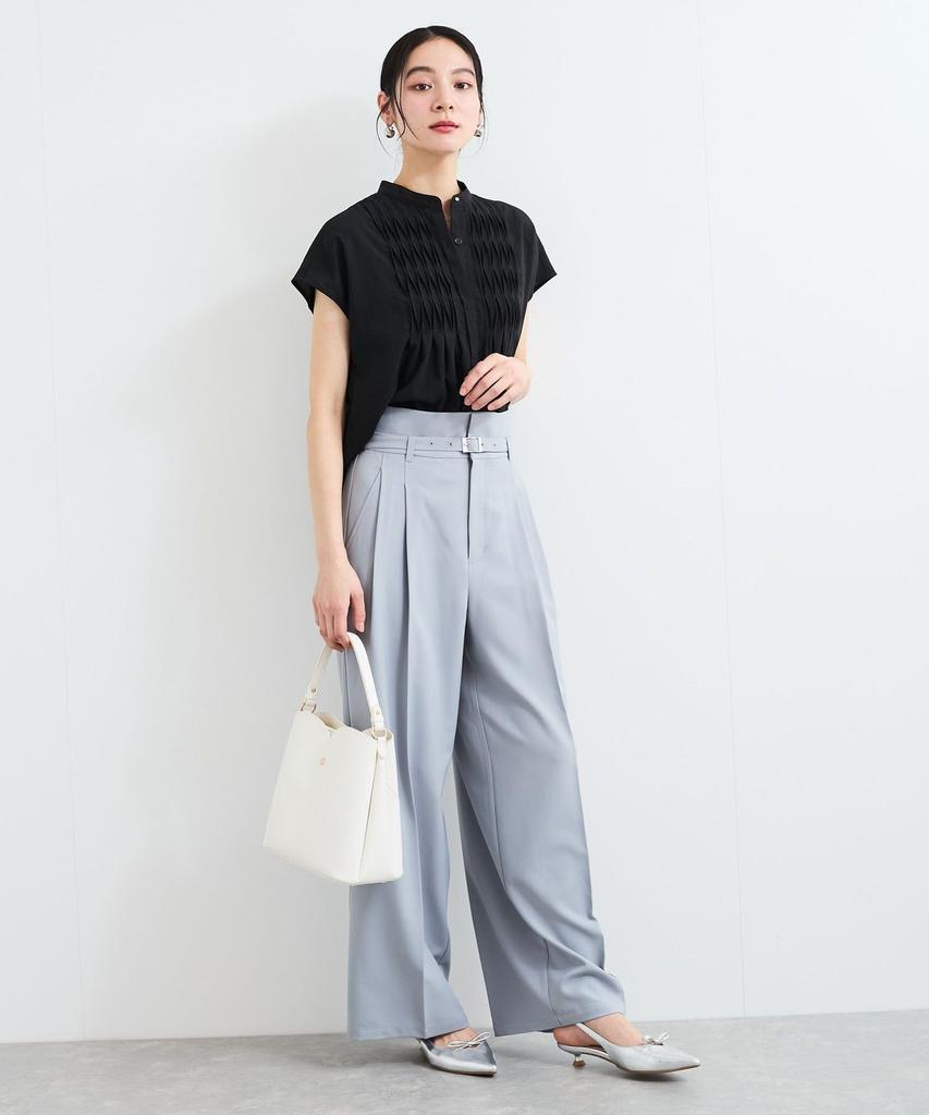 Bis Slacks with Belt Size Sax Women's Wrinkle-Resistant, Cool-to-the-Touch Wide-Leg Detail, BVS15100, (48)