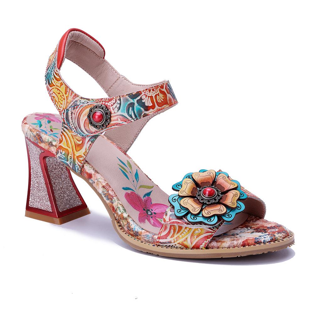 Johnature Echtes Leder Handgefertigt Barockstil Retro Blume Bequem Quadratischer Absatz High Heels Sandalen