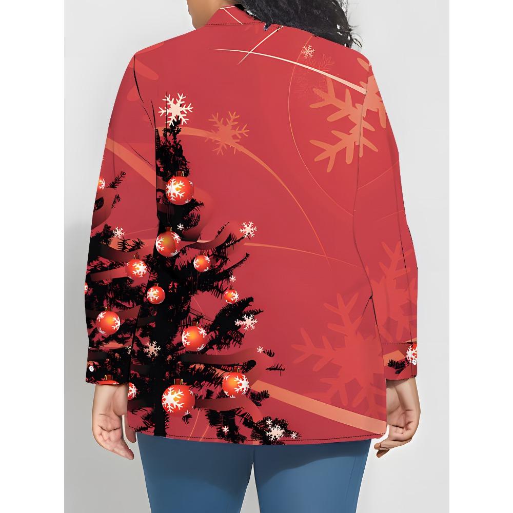 Large Size Women's Long Sleeve Shirt Christmas Theme Loose Printed Shirt Christmas Tree Pattern Medium and Long