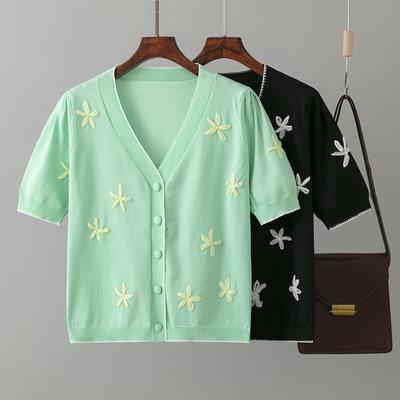 New Embroidery Women Summer T Shirt Fashion Knitted Ladys Cardigan Short Sleeves Top