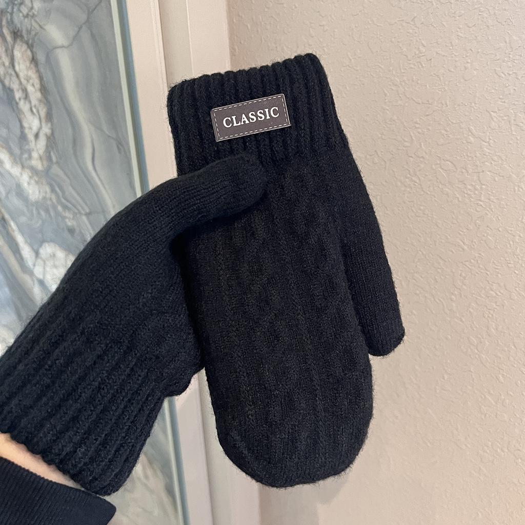 Velvet Thickened Warm Gloves Winter Men's Windproof and Cold-proof Woolen Knitted Double-layered Mittens for Students Outdoor Riding Trend