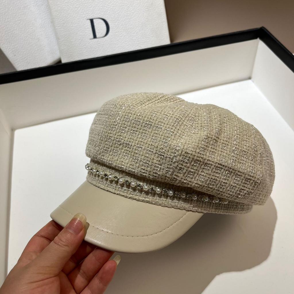 Dongdaemun Tail Order High Quality Fine Flash Small Fragrant Wind Octagonal Hat Spring And Autumn Versatile Rhinestone Rough Tweed Newsboy Hat Girl