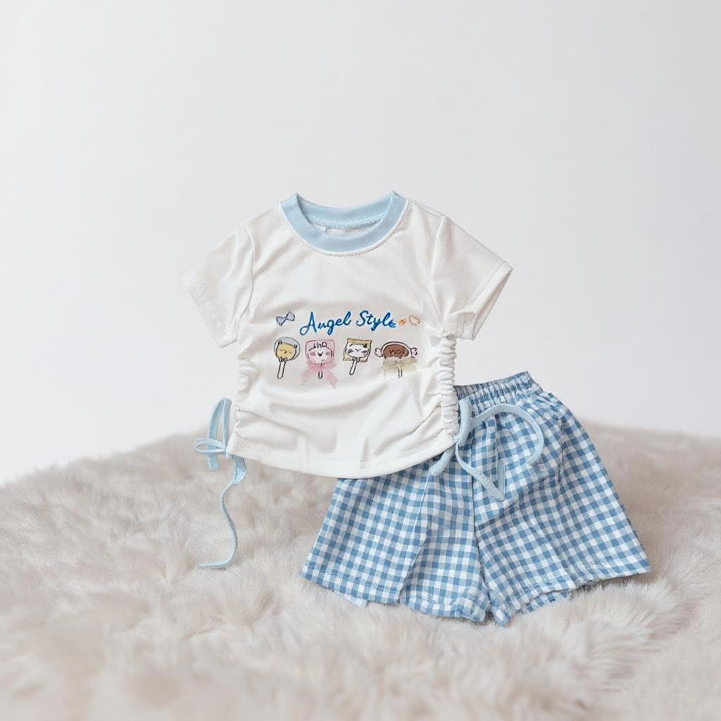Girls Summer Cartoon Plaid Short Sleeve Top And Shorts Set Cute Baby Casual Two Piece Outfit