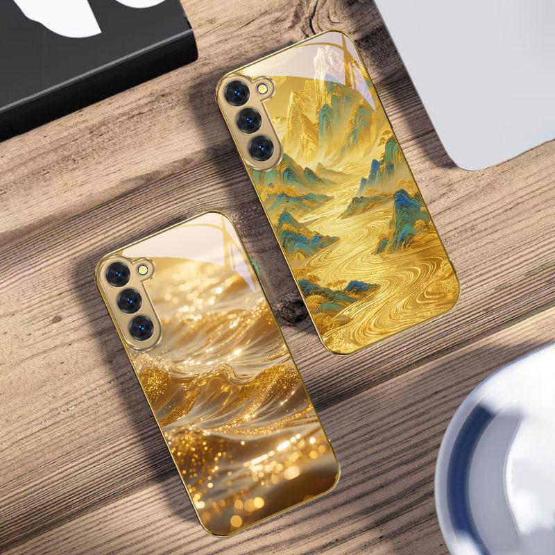 Zlatá krajina Pro Samsung Galaxy S20 FE S21 S22 S23 Plus S24 Ultra 25Ultra S21+ S9+ S22Plus Zlatý skleněný kryt na telefon