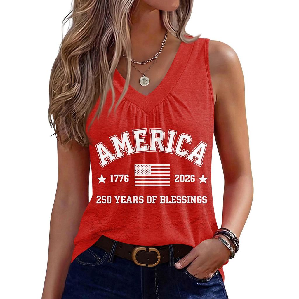 Womens Sleeveless V Neck Tank Top with America Print 1776 2026 Flag Graphic Casual Loose Fit Summer Shirt