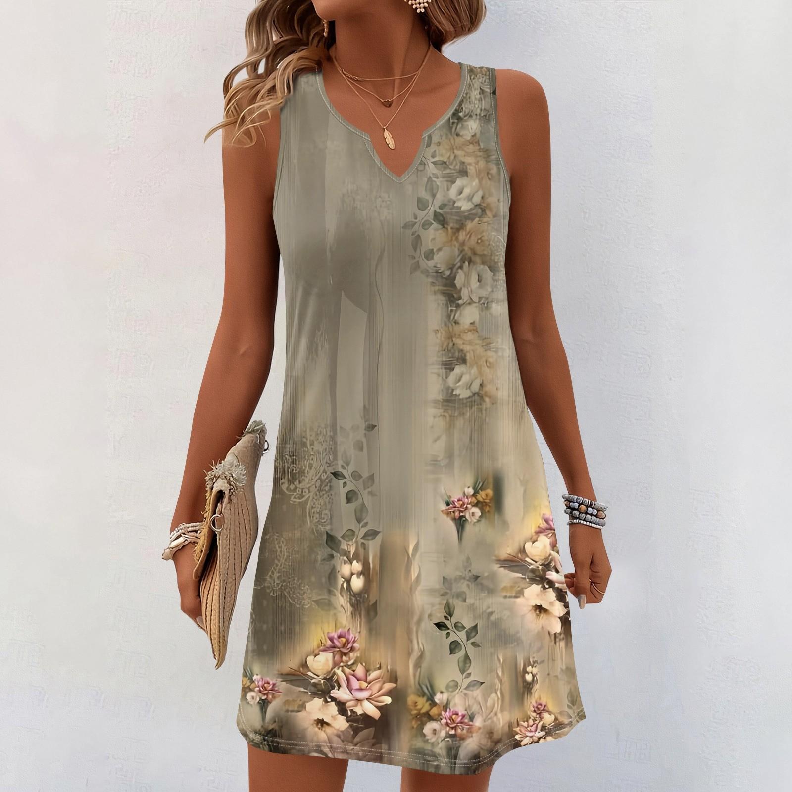 

Женские летние платья с V-образным вырезом и принтом без рукавов Сарафан Повседневное платье XXL