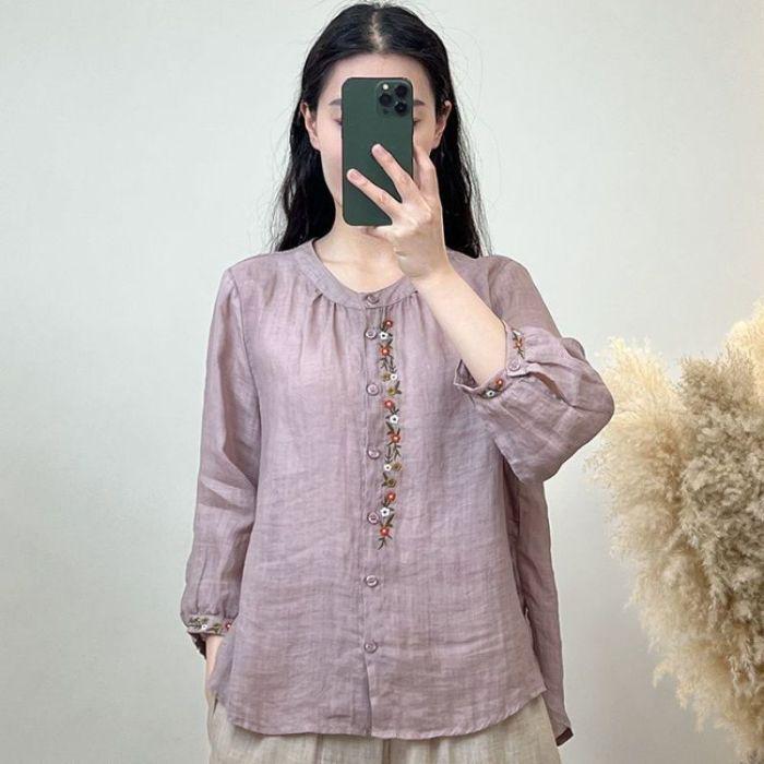 Women's Summer Cotton Linen Embroidered Top - Retro National Style, Light & Versatile