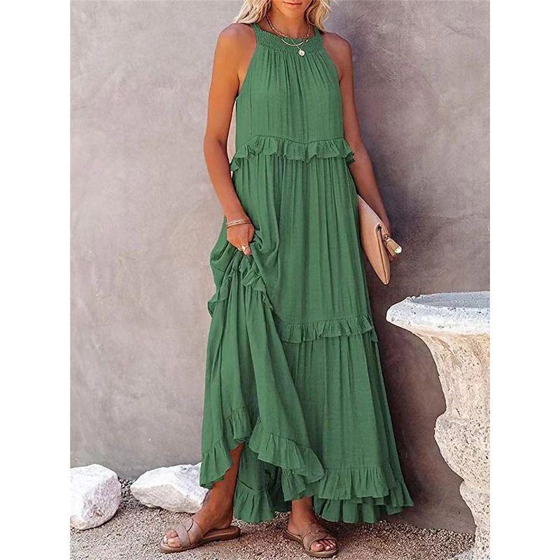 Long Dress European American Summer New Vacation Style Ruffles Wide Hem Flowy Beach Dress Long Dress Women