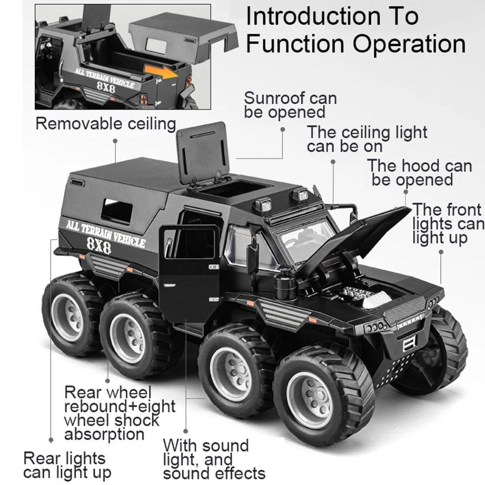 2024 New 1/32 Alloy Diecast Model Car 8x8 ATV Metal Vehicle Car Model Sound and Light Simulation Collection Gift Children Toy