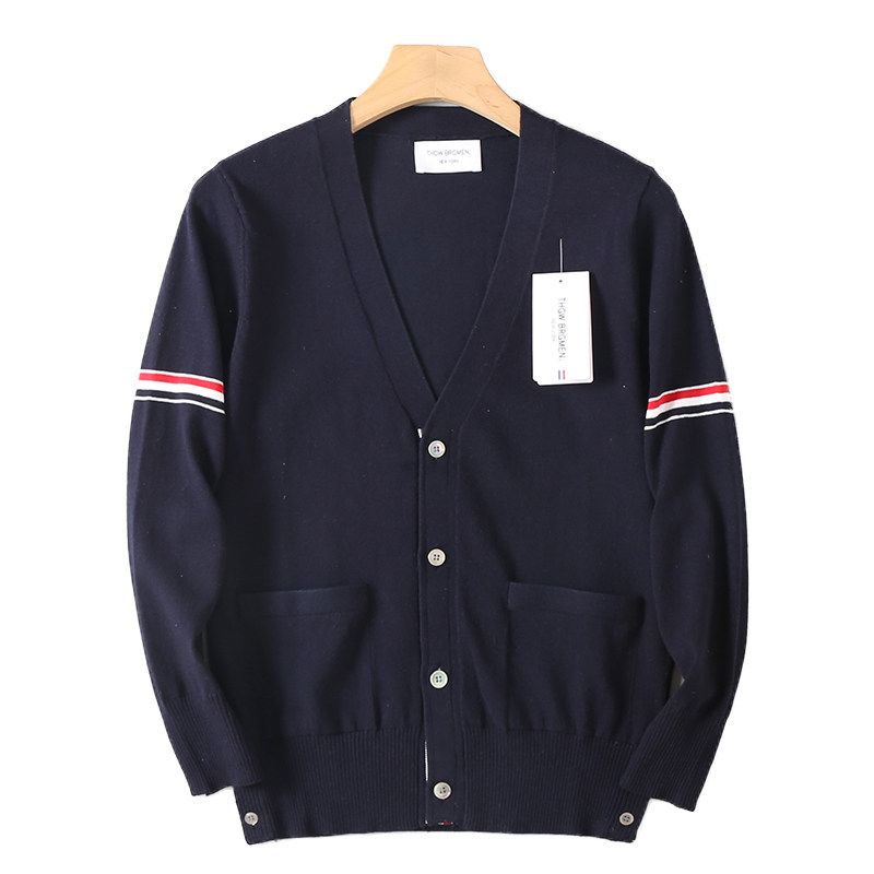 Trendy Brand Couple Style Four-Stripe V-Neck Knit Sweater with Ribbed Design, Long-Sleeve Base Shirt for Spring and Autumn