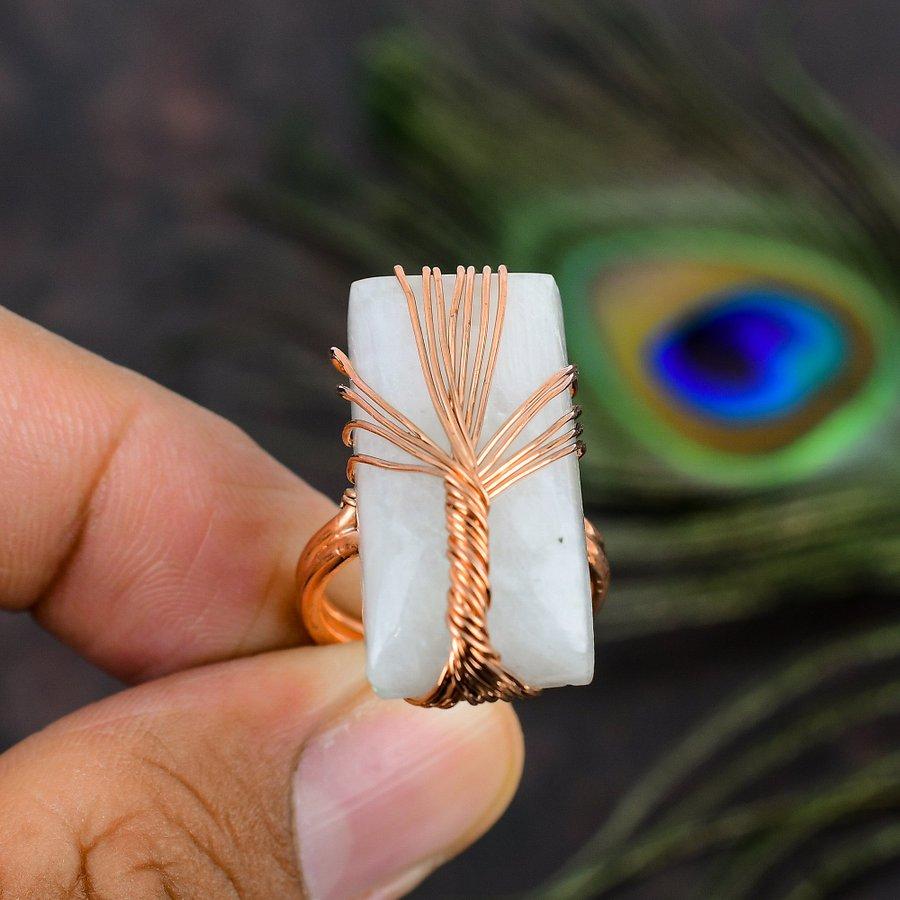 Natural Rainbow Moonstone Gemstone Copper Wire Wrap Gift Ring Size 6.5 F7N76