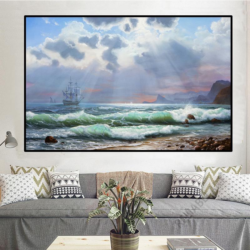 Obraz olejny Vintage Fale Morskie Wydrukowany na Płótnie Statek Zachód Słońca Pejzaż Plakaty i Druki do Dekoracji Salonu Cuadros