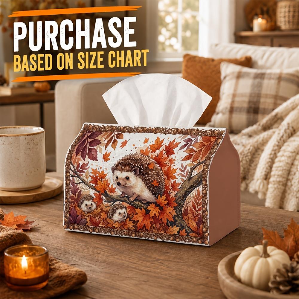 1pc Whimsical Woodland Autumn Tissue Box - Harvest Napkin Dispenser, Available Made of Durable Polyester, Decorated with Hedgehog Family Maple, Suitab