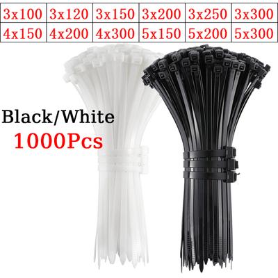1000Pcs Self-locking Plastic Nylon Tie 100mm White Black Zip Wraps Strap 300mm Nylon Cable Tie Set Fastening Ring Loop Wire Wrap