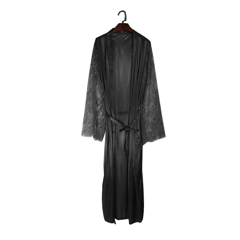 Women Lace Stitching Long Bathrobes Nightgown Soft Silk Dressing Gown Bath Robe Large Size Sexy Pajamas