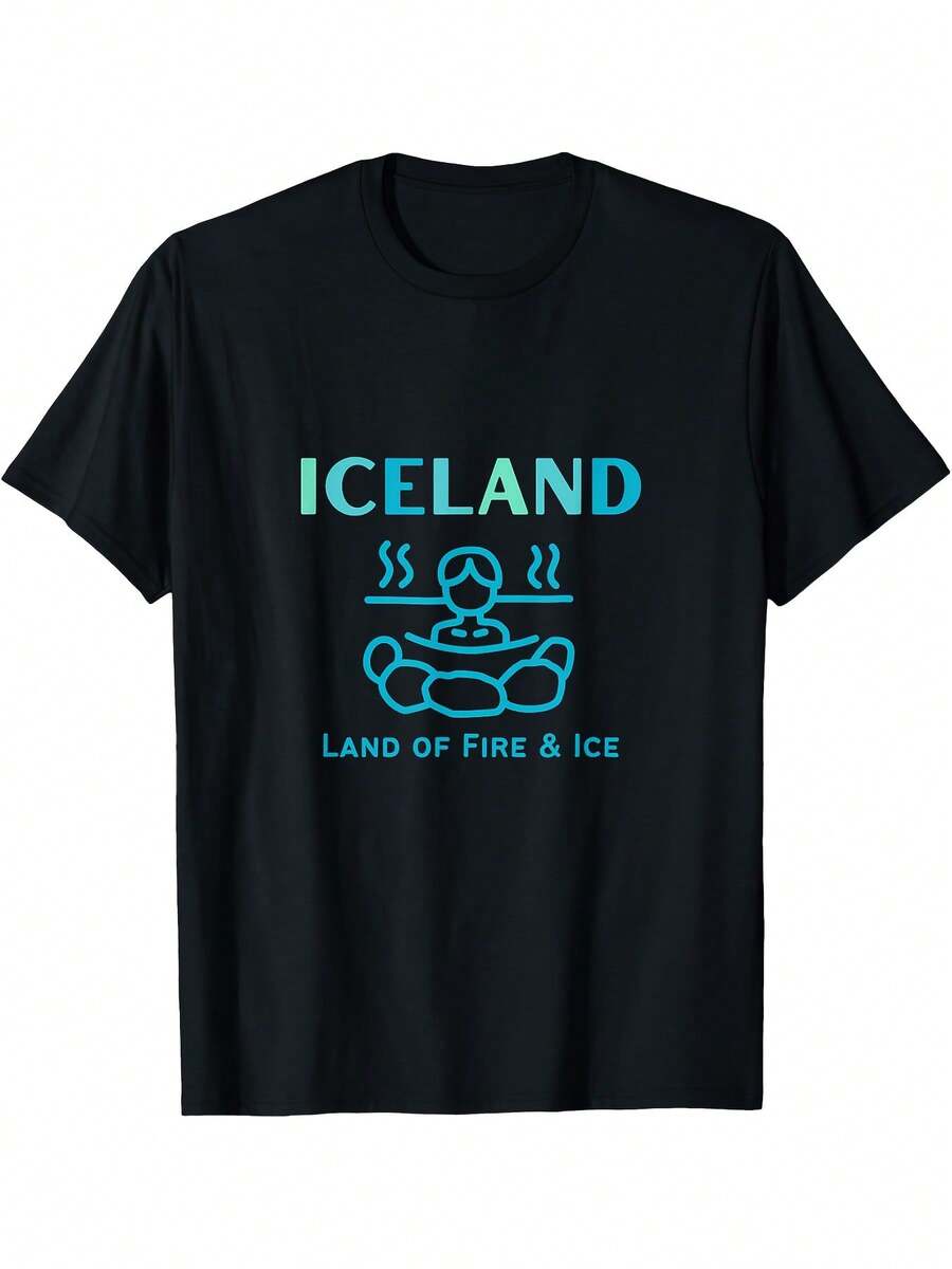 

Iceland Travel Souvenir Graphic Unisex T-Shirt - Black With Blue Land Of Fire & Ice Design L
