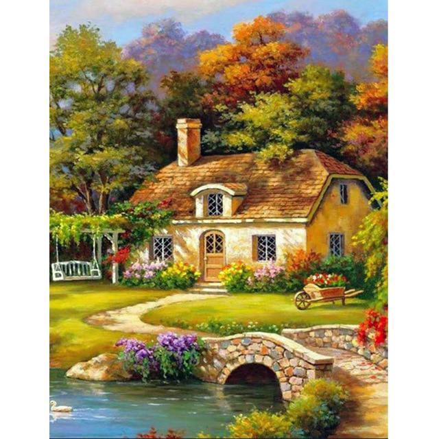 DIY 5D Diamond Painting House Diamond Embroidery Cross Stitch Landscape Lake Full Round Dril