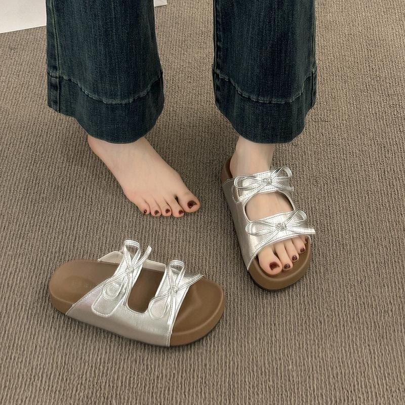 Bow silver platform slippers female summer wear 2025 new gentle fairy style with skirt Birkencool slippers
