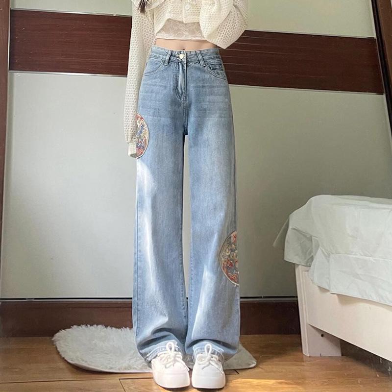 

National Style High Waist Embroidered Wide-Leg Pear Shape Jeans for Women M светло-синий