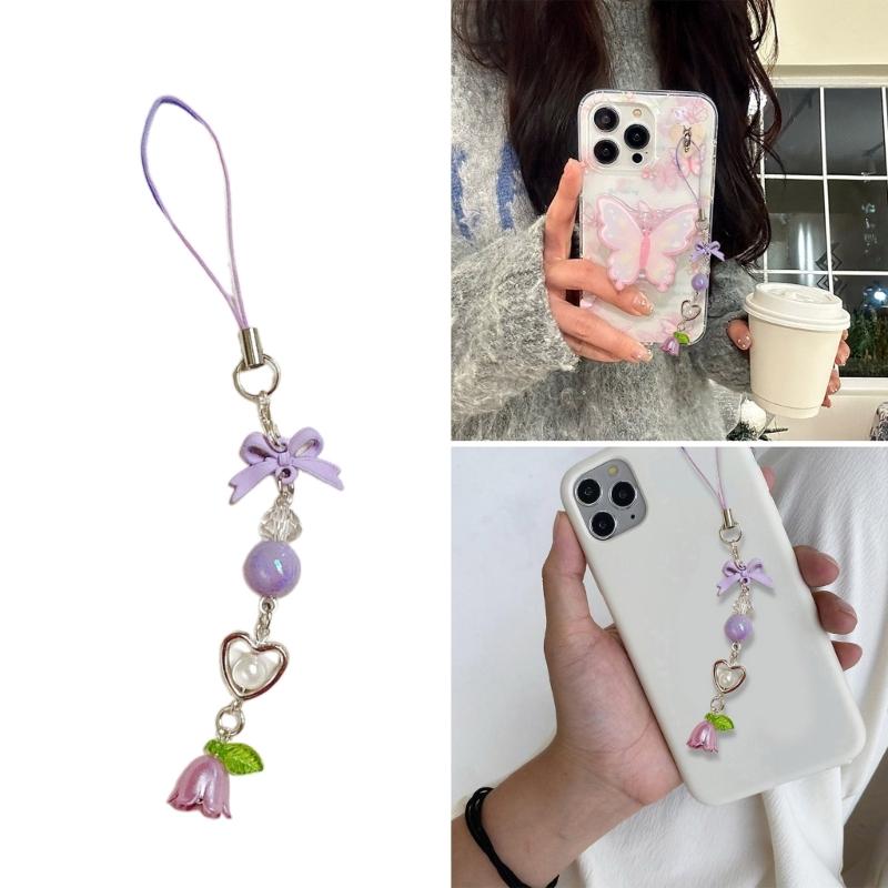 Hjärta Telefon Snodd Stilfull Telefon Berlock Rosett Telefon Dekoration Blomma Väska Hänge Gåva för Modeentusiaster