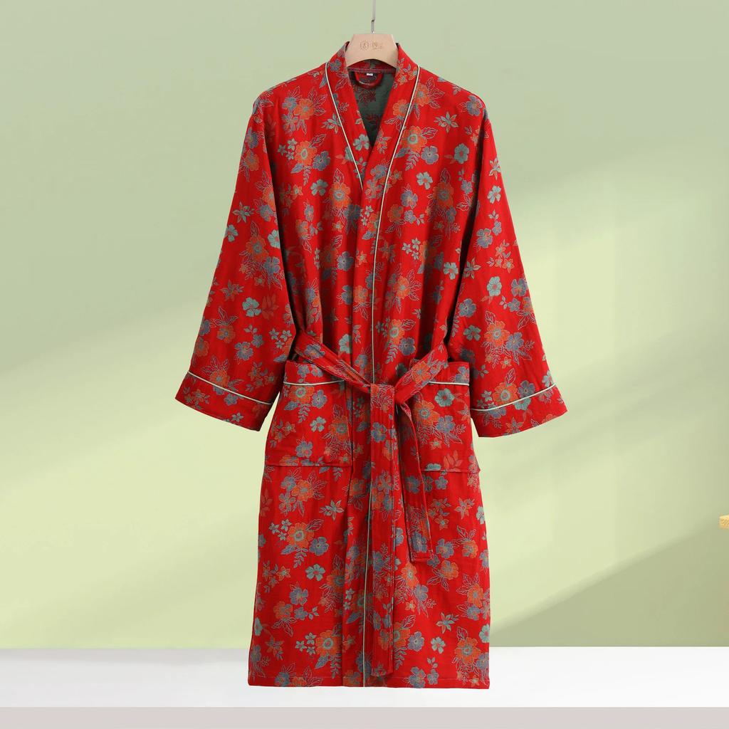 Print Flower Cotton Gauze Kimono Bathrobe Gown Female Robe Negligee Loose Home Dressing Gown Sleepwear Spring Summer Nightwear