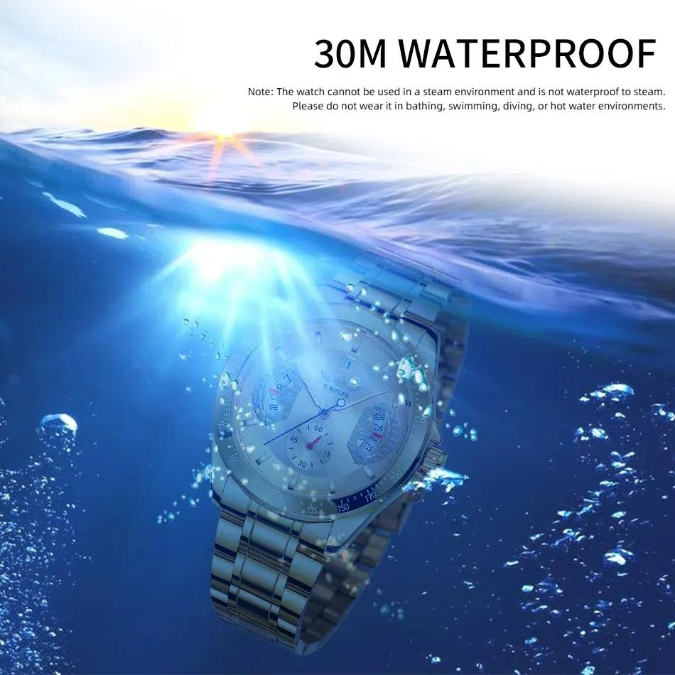 WINNER Sports Gold Automatic Watch for Men Date Display Luminous Hands Stainless Steel Strap Top Brand Luxury Mechanical Watches