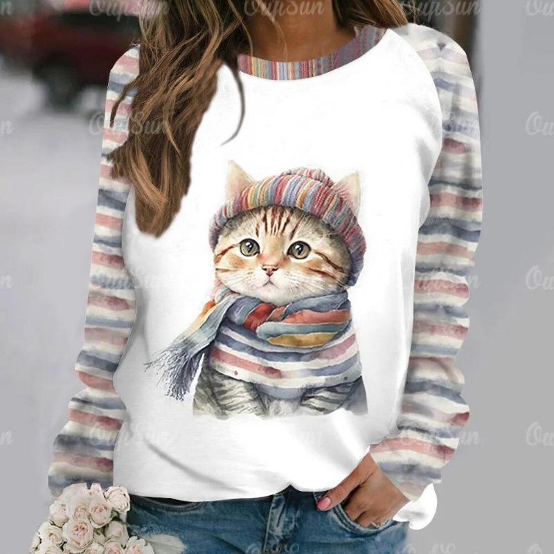 Mode Kawaii Katt Djur Tryck Långärmade T-shirts För Kvinnor Sweatshirts Dam Söt O-Hals Pullover Kvinna T-shirts Topp Kläder