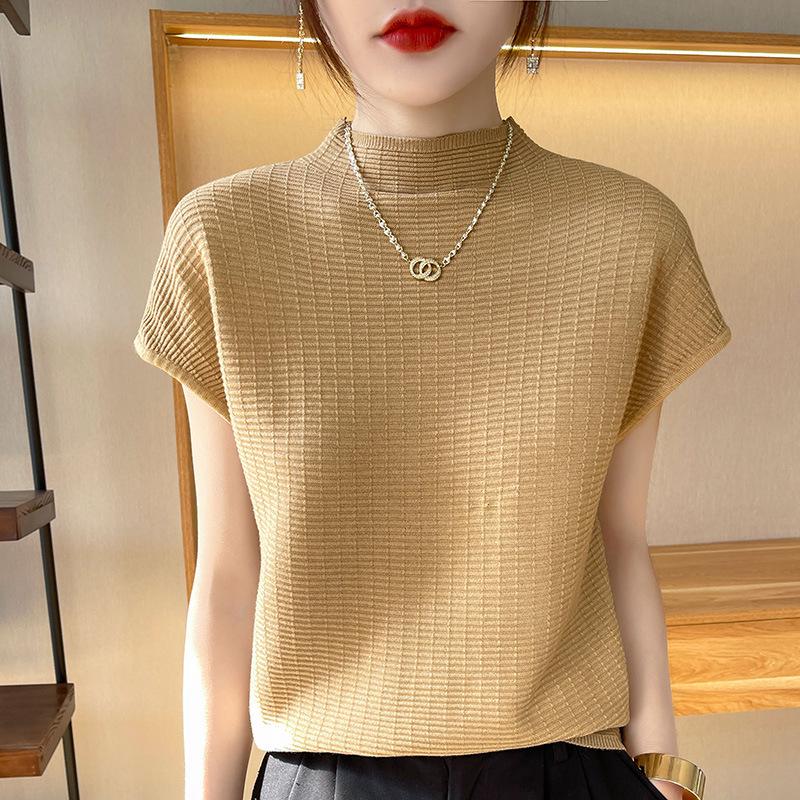 Damen locker gestrickter Pullover mit Kreuzstich, kurzärmelig - Halber Stehkragen, Übergröße, Basisshirt für den Herbst