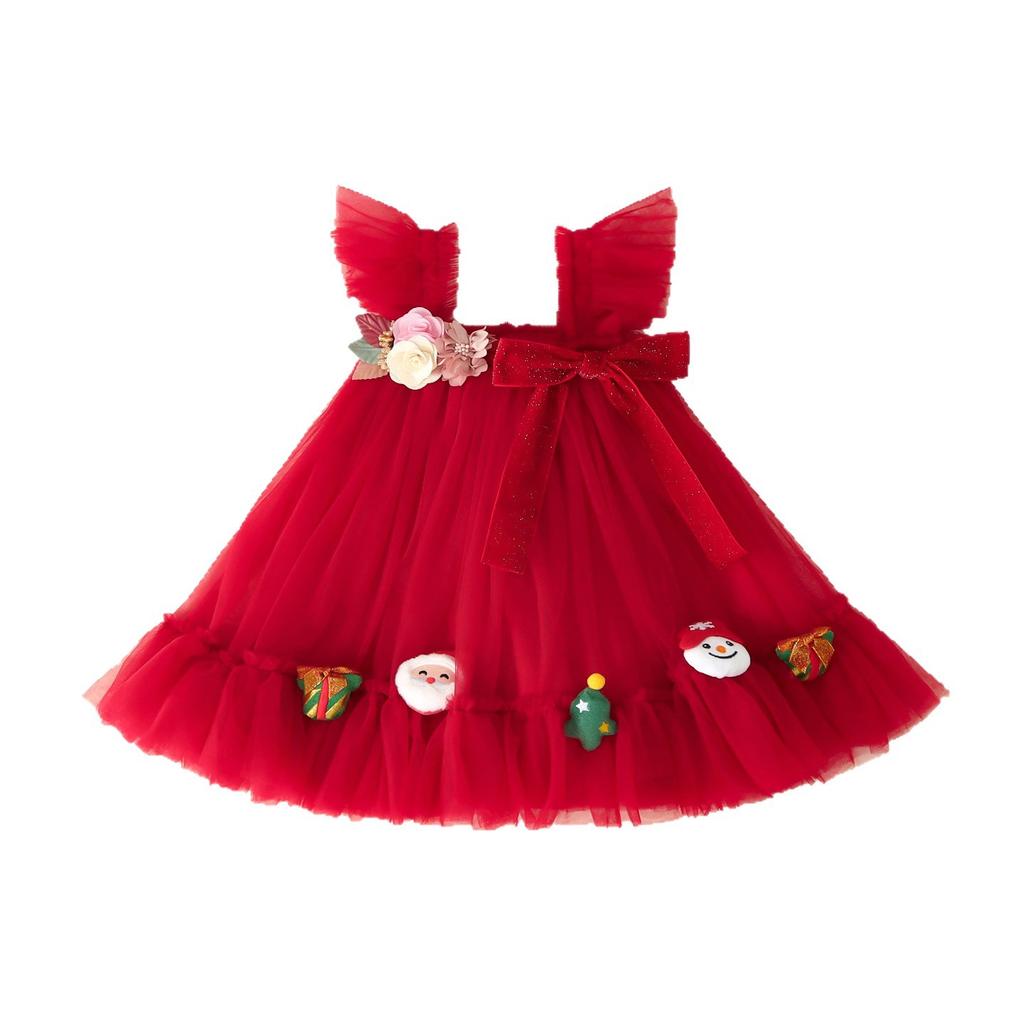 Vestito di Natale per Bambina Vestito Tutù da Bambina Senza Maniche Tulle Vestito Principessa con Fiocco di Peluche Vestito da Festa per Neonata