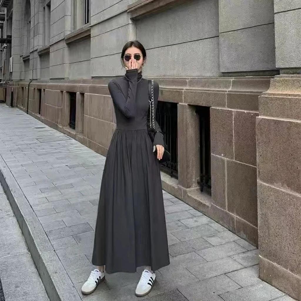 New French Style Temperament Women's High-Grade Black Dress Hepburn Style Gray Turtleneck Dress for Women