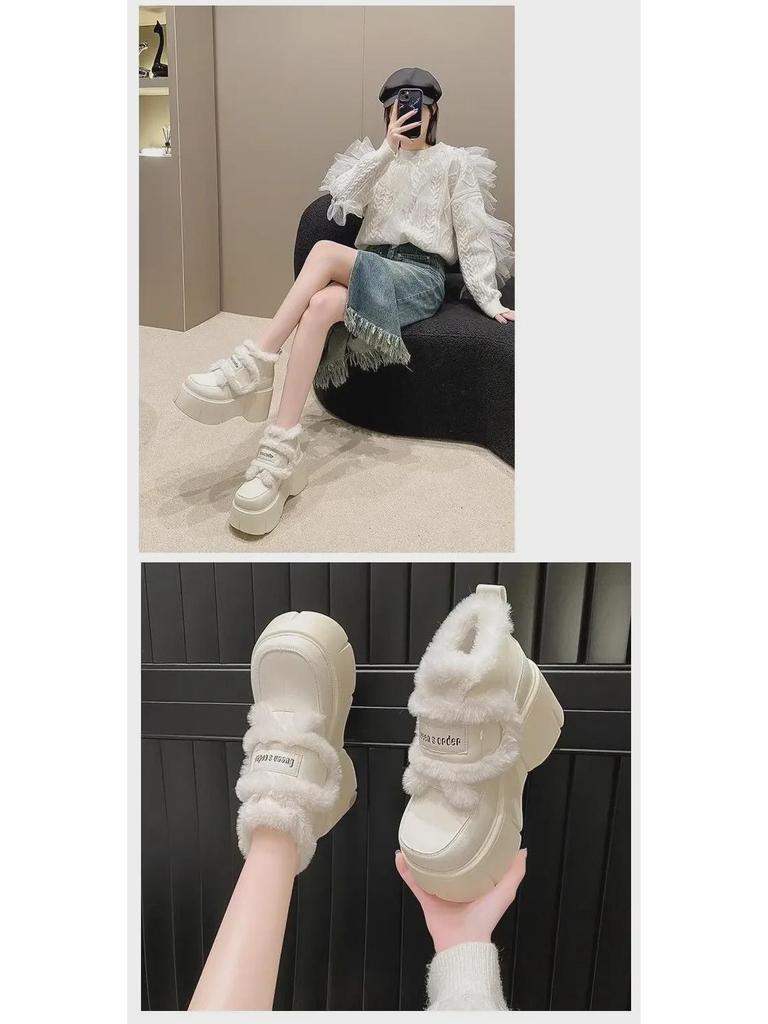 Women's Versatile Height-Boosting Velvet Platform Shoes with Velcro, for Autumn/Winter 2024