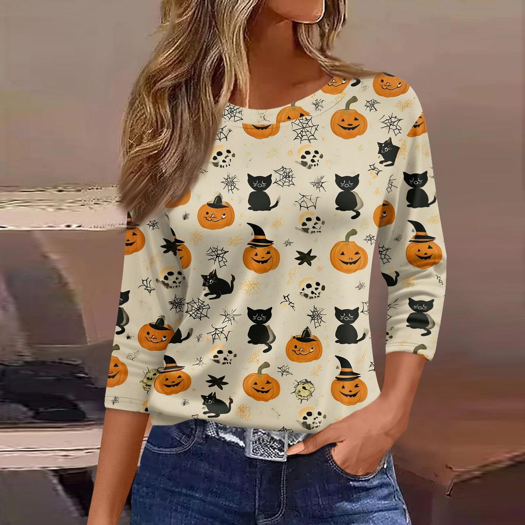 Womens Casual Loose Fit Halloween Print T Shirt Round Neck Three Quarter Sleeve Blouse Comfortable Everyday Wear
