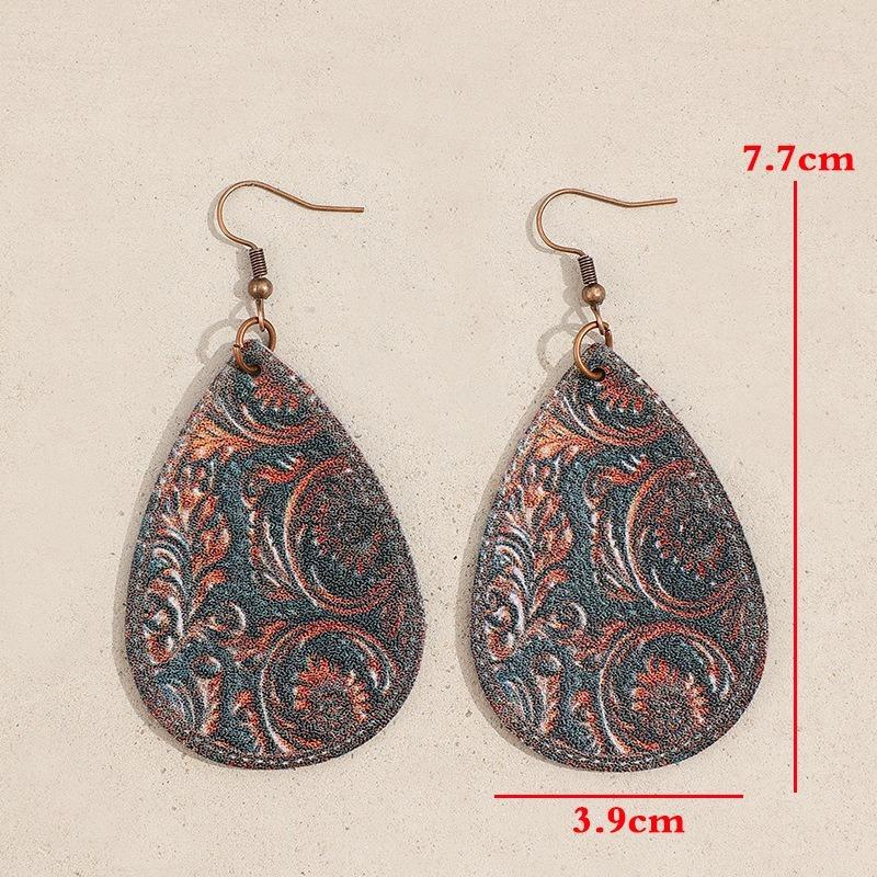 Etniczne Retro Jasnobrązowe Skórzane Kolczyki Wiszące z Rzeźbieniem Kropelki Wody Liścia Kwiatu dla Kobiet