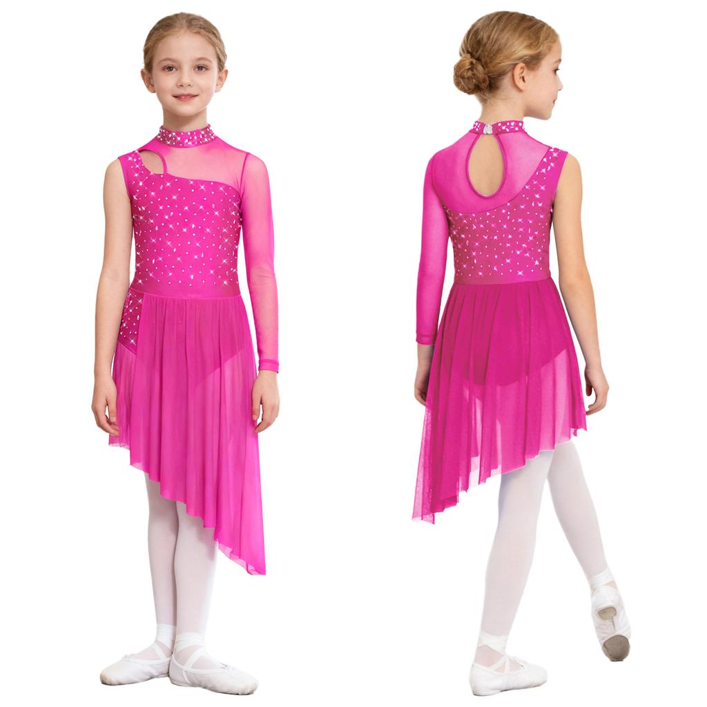 Complete Competition Lyrical Costume for Girls: Features Asymmetrical Design, Mock Neck, Mesh & Rhinestone Details