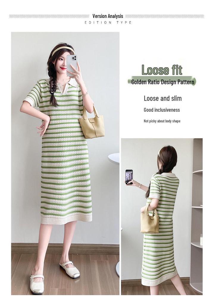 2026 Summer Striped Knit V-Neck Mid-Length Maternity Dress