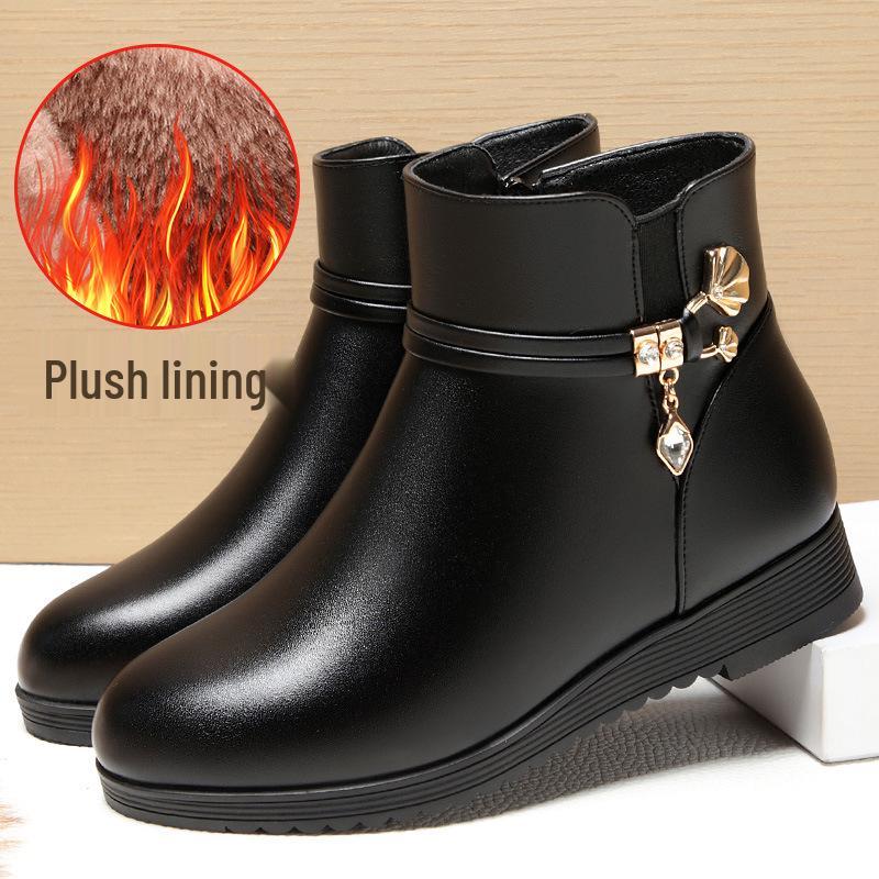 Dámské bavlněné kotníkové boty: Měkká kůže, nízký podpatek, plus samet na podzim a zimu 2021