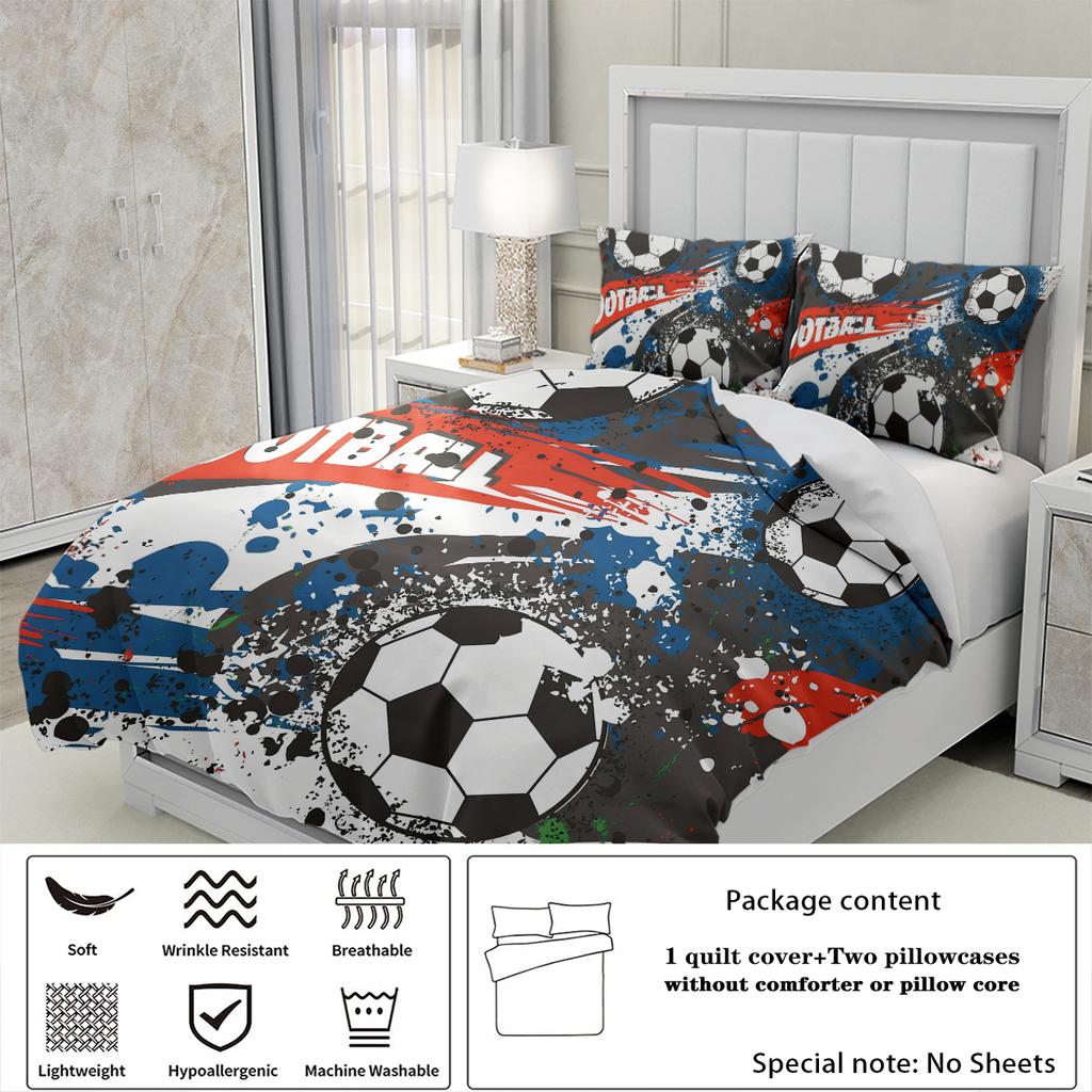 3pcs Cartoon football pattern printed bedding set, 1*duvet cover+2*pillowcase, for teenagers and adult bedroom, birthday gift