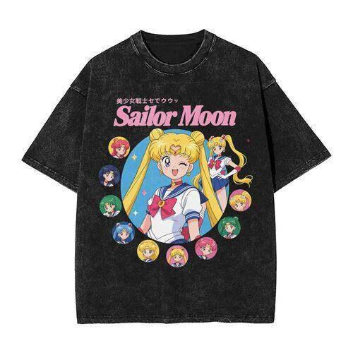 Rare Sailors Moon Summer Fashion Washed Black Cotton Pure Cotton Roundneck Shortsleeved Tshirt For Unisex