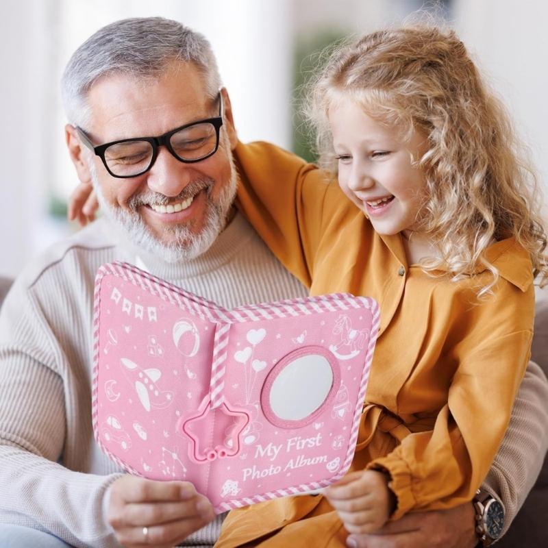 Bear Pattern Washable Baby Memory Book Album with Clear Photo Pocket and Safe Mirror for Capturing Preciously Moment