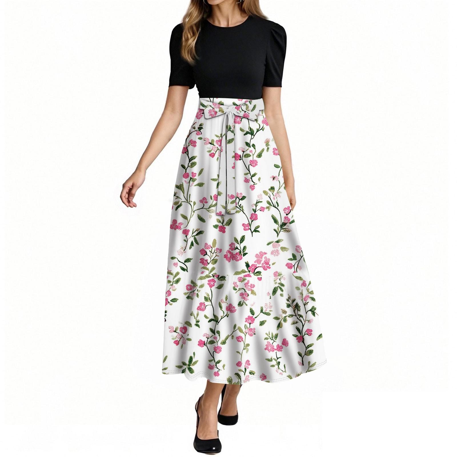 

Women s Fashion Casual Belt Short Sleeve Round Neck Floral Stitching Elegant Temperament Dress XXL білий