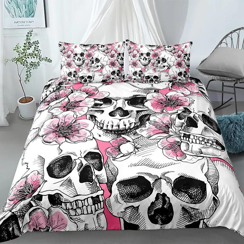 Skull Duvet Cover King Halloween Comforter CoverGothic Fog Smoke Skull Skeleton Bedding SetGrey Quilt Cover Room Decor 2/3pcs