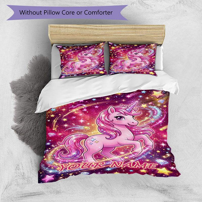 3pcs Custom Name Unicorn Dreams Space Bedding Set Printed Bedding Set Duvet Cover Closure Includes 1 Duvet Cover & 2 Pillowcases Bedroom Decor